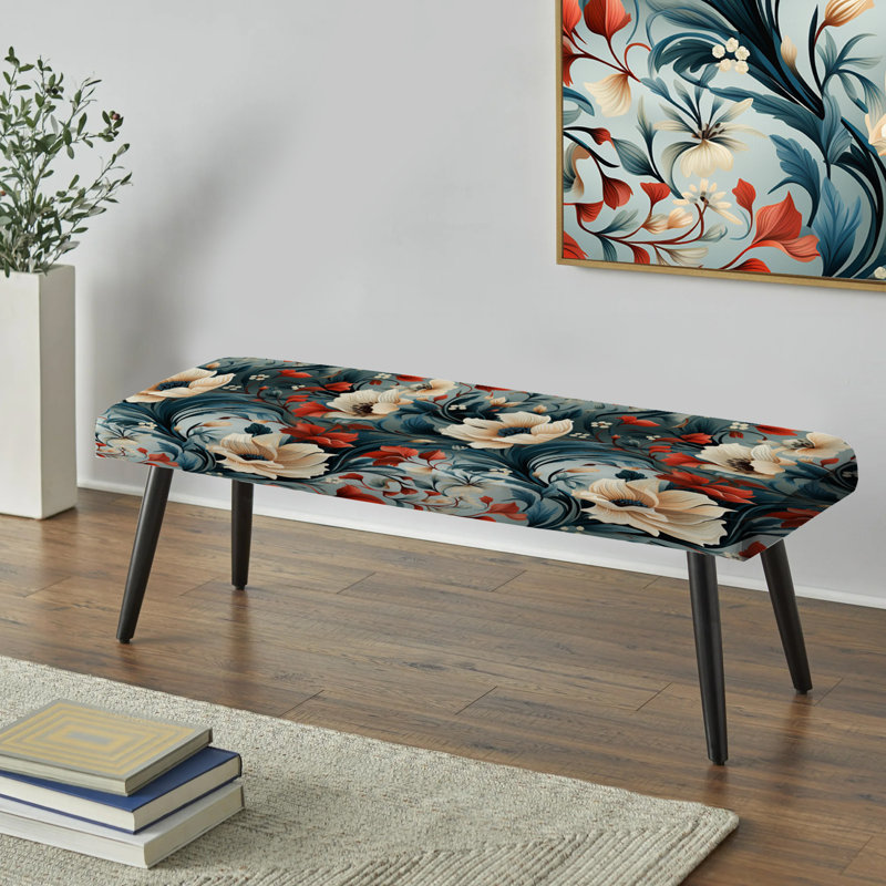 Blue And White Wines Flowers - Floral Upholstered Black Bench