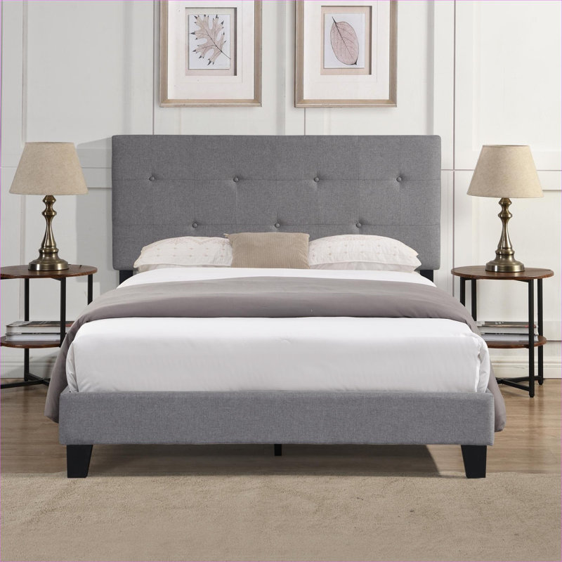 Neutral grey linen upholstered platform bed, full size for modern bedroom with button tufted headboard, no box spring needed