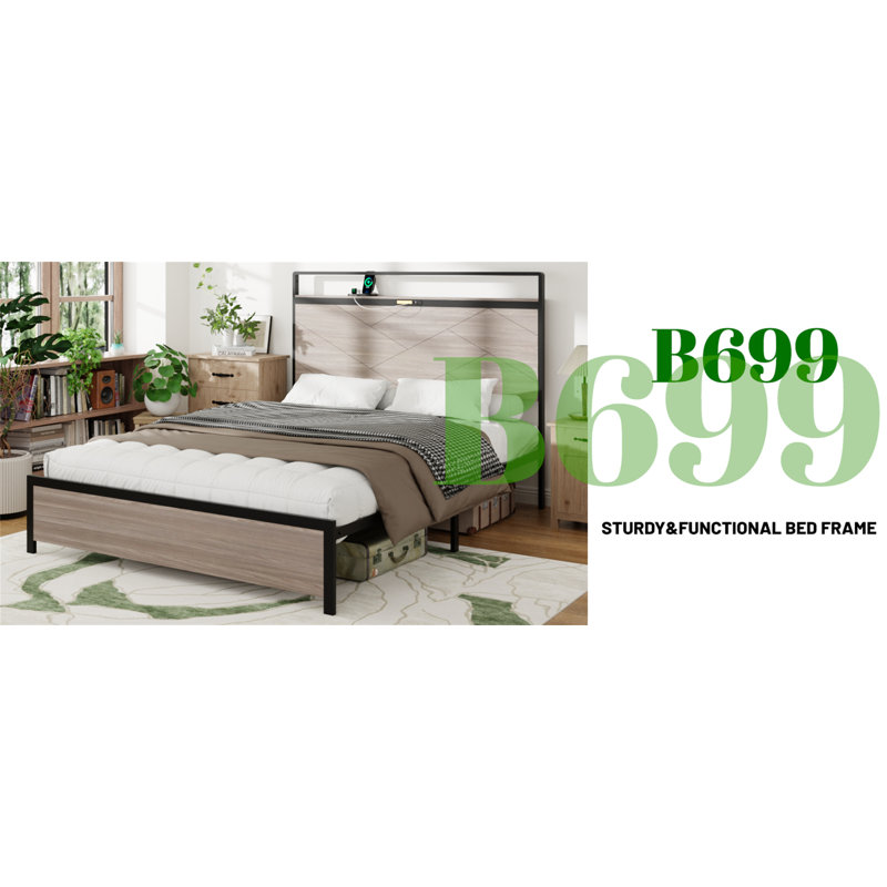 Bed Frame, Wooden Platform Bed Frame With Storage LED Light Headboard And 2 USB, No Noise, Large Underbed Storage, No Box Spring Needed, Easy Assembly