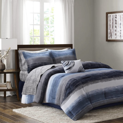 9 Piece Queen Comforter Navy Watercolor Stripe Print Microfiber Cotton Bed Sheets Matching Shams Skirt Decorative Pillow Fade Bedding Striped Easy Care