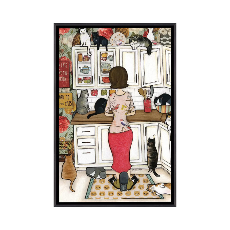 « Feed the Cats » par Jamie Morath-impression, H 40 po x l 26 po x P 1,5 po, Toile avec cadre noir patiné, Pas de tapis