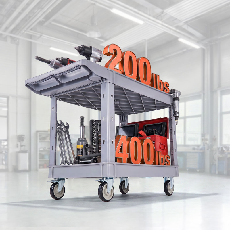 Utility Cart, 550 lbs Capacity, 2 Tier Service Cart with 360° Swivel & Fixed Wheels (2 with Brakes), Heavy Duty Plastic Rolling with Storage Tray, Tool Storage for Garage Warehouse Workshop Gray