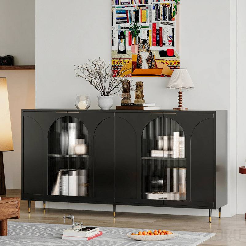 Armoire décorative, 4 portes en verre, buffet en bois laqué pour le salon / salle à manger - noir