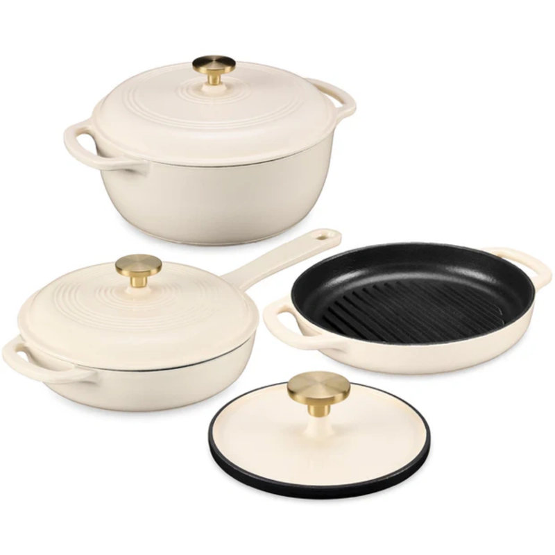 6-Piece Enameled Cast Iron Cookware Set, Vanilla
