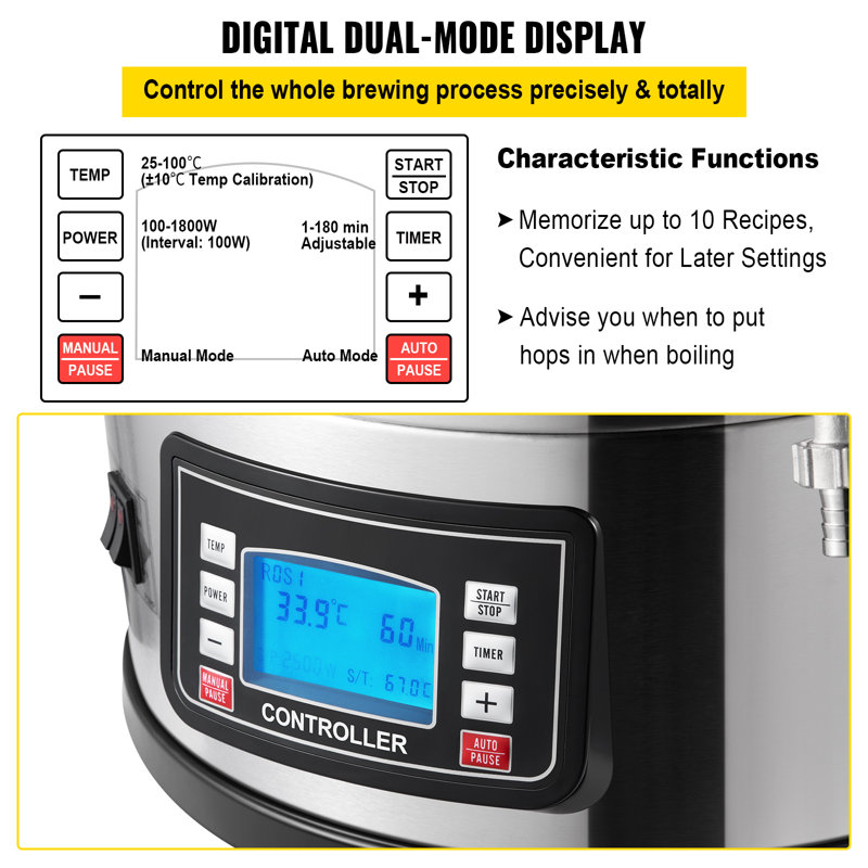 VEVOR 9.2 Gal Stainless Steel Electric Brewing System with LCD Panel