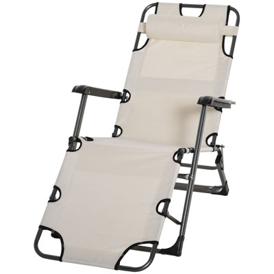 Outsunny Folding Chaise Lounge Chair For Outside, 2In1 Tanning Chair With Pillow & Pocket, Adjustable Pool Chair For Beach, Patio, Lawn, Deck, Cream White
