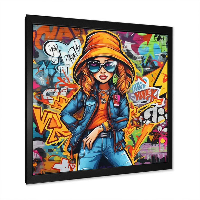 Femme graffiti sur toile, H 24 po x l 24 po x P 1 po, Cadre photo noir
