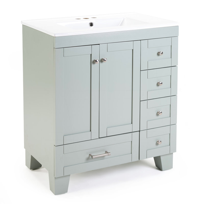 Meuble-lavabo bleu gris 30 po avec lavabo en céramique - Tiroirs à fermeture en douceur, structure en bois massif, rangement multi-organisateur, 76 x 47 x 85 cm