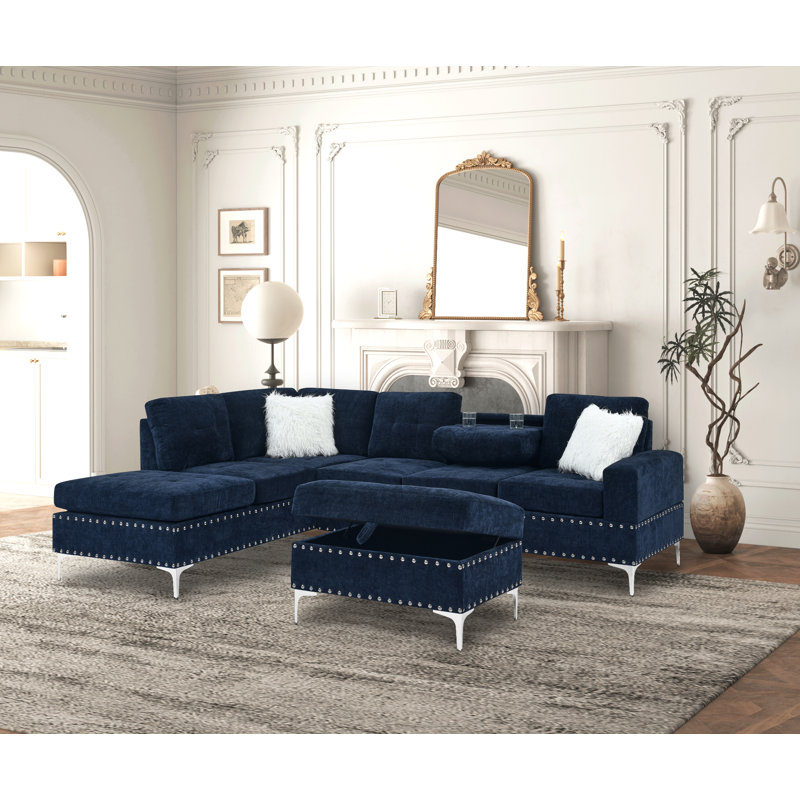Canapé modulaire rembourré 3 pièces Rovina, Chenille bleue marine