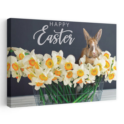 Happy Easter Bunny and Flowers 1 Piece Wrapped Canvas Wall Art