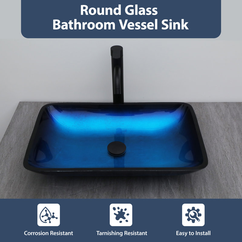 22 in. Dark Blue Glass Rectangular Vessel Bathroom Basin Sink with Black Pop-up Drain
