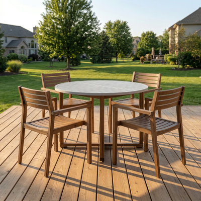Medium Brown Wood 5-Piece Acacia Wood Patio Outdoor Dining Set with 4 Chairs and 47.2" Gray Top Round Dining Table