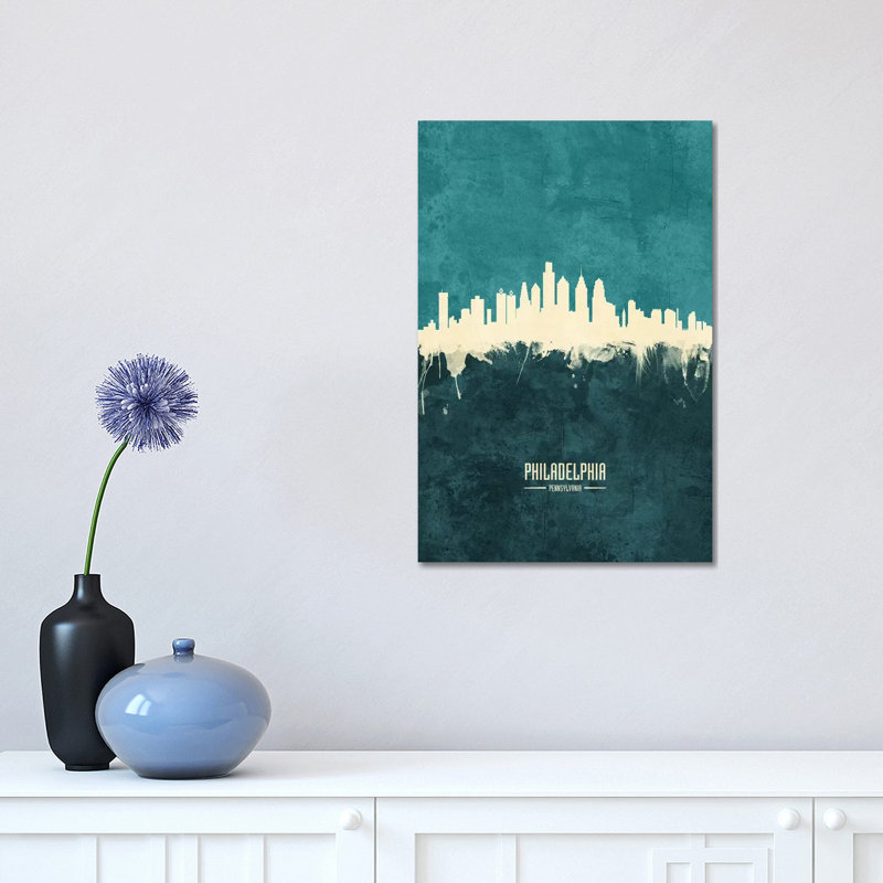 «Philadelphia Pennsylvania Skyline» par Michael Tompsett - peinture sur toile tendue, H 18 po x l 12 po x 1,5 po