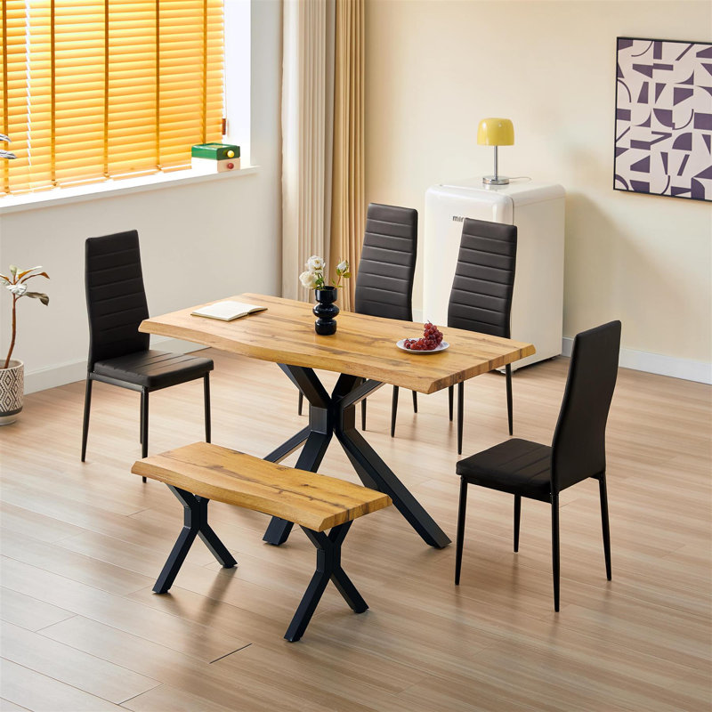 Wooden Dining Table with X-Shaped Iron Legs and 4 Metal Chairs and Bench Modern Dining Set (75cm), Black