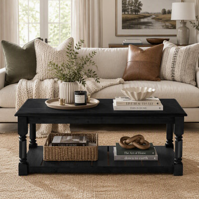 Farmhouse Wooden Coffee Table with Slatted Lower Shelf and Turned Legs