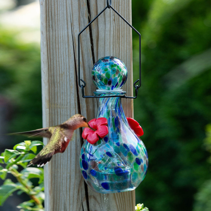 Solar-Powered Hand-Blown Glass Hanging Hummingbird Feeder