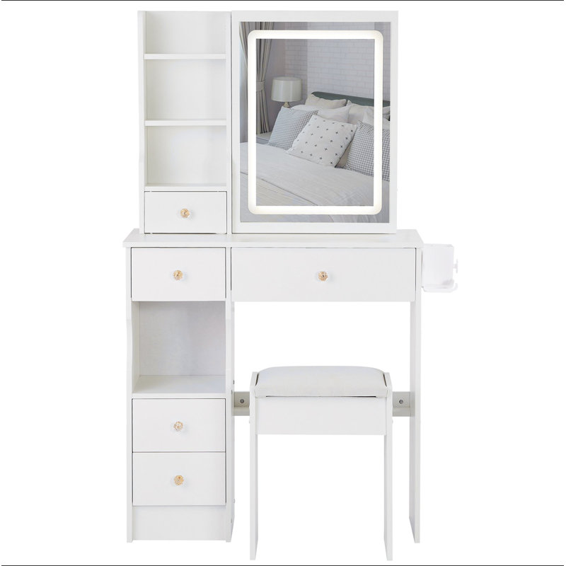 29.2" Small Size Left Drawer Desktop Vanity Table + Cushioned Stool, 2 AC+2 USB Power Station, Hair Dryer Bracket, Extra Large Touch Control Sliding LED Mirror, Tri-Color Switching, Brightness Adjust