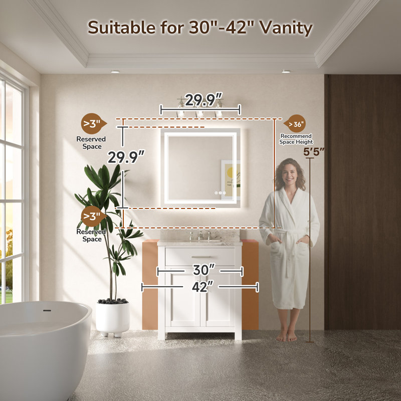Miroir de salle de bain à DEL Chrisna, 30 po x 30 po, Carrée