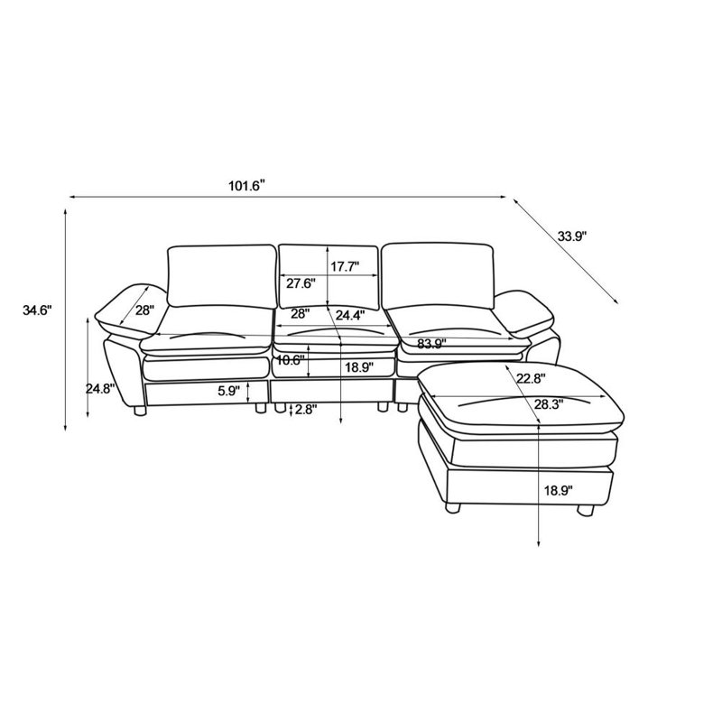 Modern Deep 3-Seat Sofa Couch with Ottoman, Black
