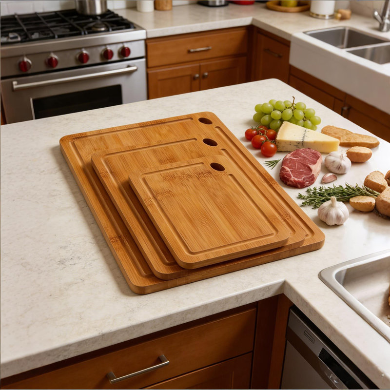Ensemble de 3 planches à découper en bambou avec rainures profondes et poignée intégrée pour la cuisine