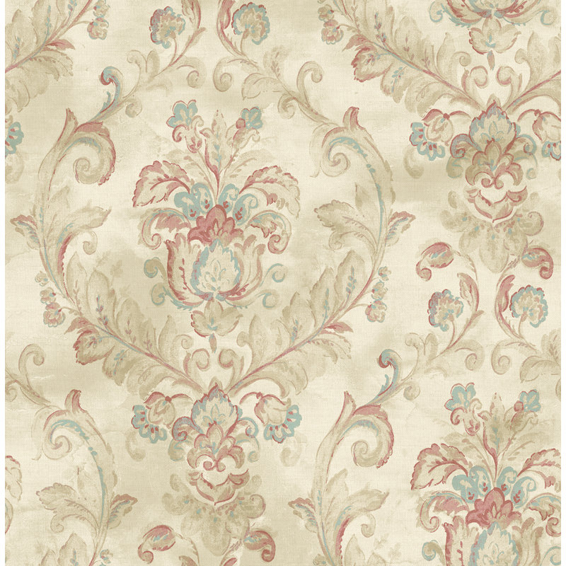 Seabrook Designs Tuileries Damask Unpasted Wallpaper, Metallic Beige/Blue Raspberry