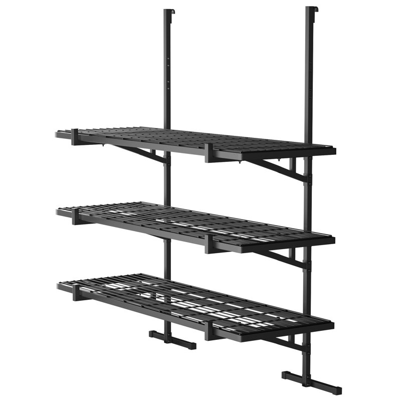 Étagère murale de garage robuste et étagère à contenant d'expédition - support de rangement réglable en métal à 3 niveaux avec supports de tablette suspendus, espace de rangement vertical sans perçage pour espacement de cadre de 43,3 po / 55,1 po