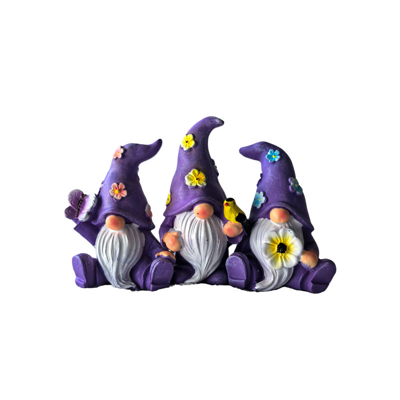 Ensemble de 3 figurines d'extérieur en résine fleurs gnomes printanières, Mauve