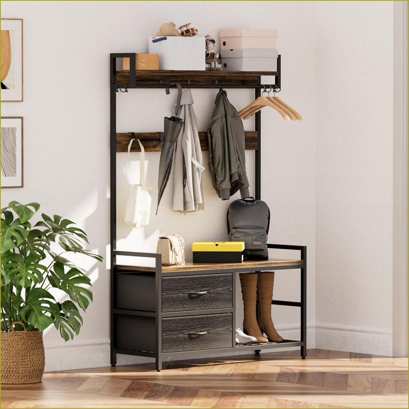 Arbre d'entrée | Banc d'entrée brun rustique de 33,1 po de largeur avec 2 tiroirs, rangement pour chaussures, 23 crochets | Bois aggloméré + métal