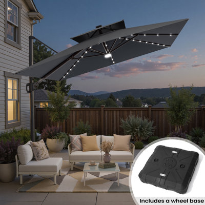  12' X 9' Rectangular Patio Cantilever Solar Led Light Umbrella with Weighted Base