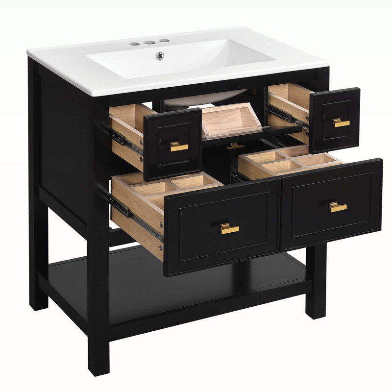 Ensemble de meuble-lavabo simple autoportant avec 5 tiroirs, Noir