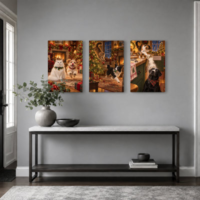 " Cats and Dogs in Kitchen and Living Room Christmas " 3 Piece Art
