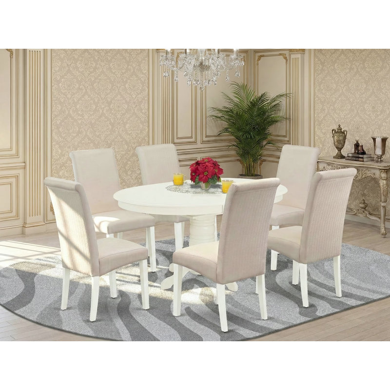 Ensemble de table de salle à manger 7 pièces 7 pièces, 7 pièces : table, 6 chaises, Lin blanc, Crème / Blanc