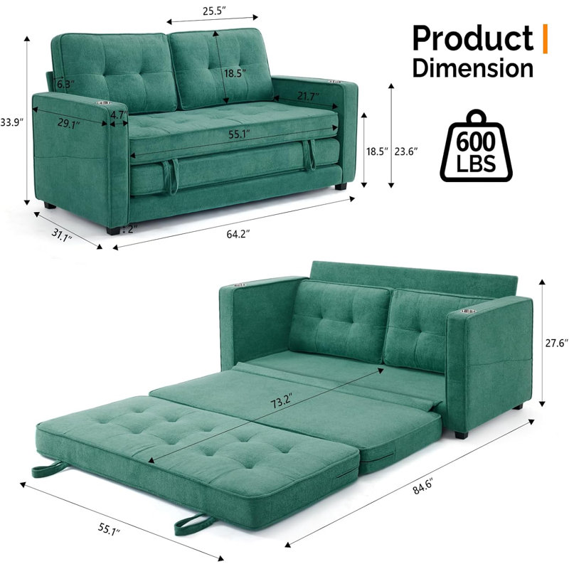 Deymi 64.2" Sleeper Sofa sofa bed, Blue Chenille