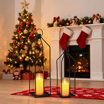 Black Metal LED Lantern Set of 2, 19" and 22" Flameless Candle Holders with 6-Hour Timer, Indoor Outdoor Hanging Decor