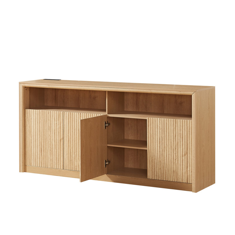 Buffet en bois de 170 cm avec bande lumineuse DEL et prises électriques, 4 compartiments de rangement, Naturel