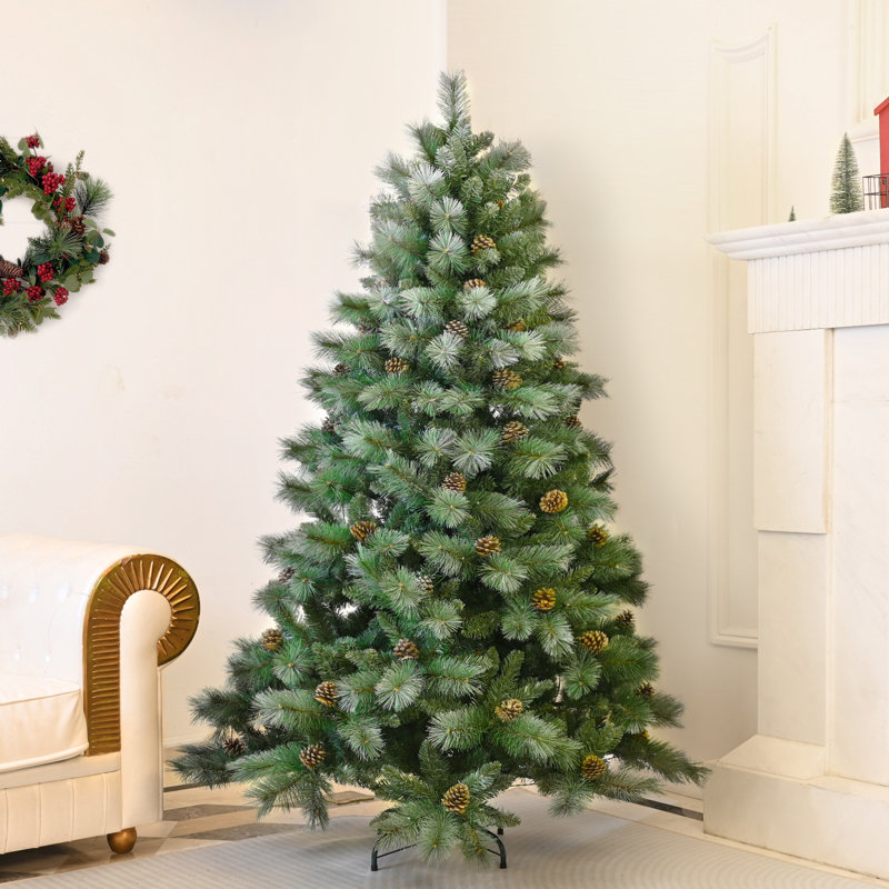 Arbre de Noël artificiel pin non givré avec pommes de pin, branches ouvertes et support en métal, 8'