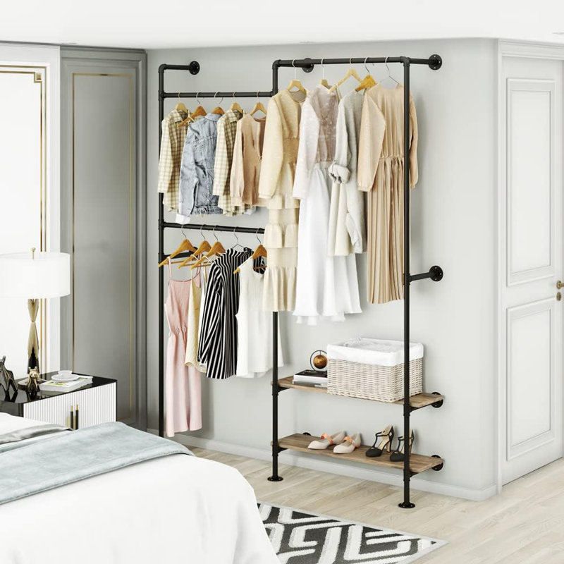Industrial Pipe Wall-Mounted Clothing Rack With Double Hanging Rods And Shelves - Heavy Duty Storage Solution For Wardrobe, Bedroom, And Walk-In Closet