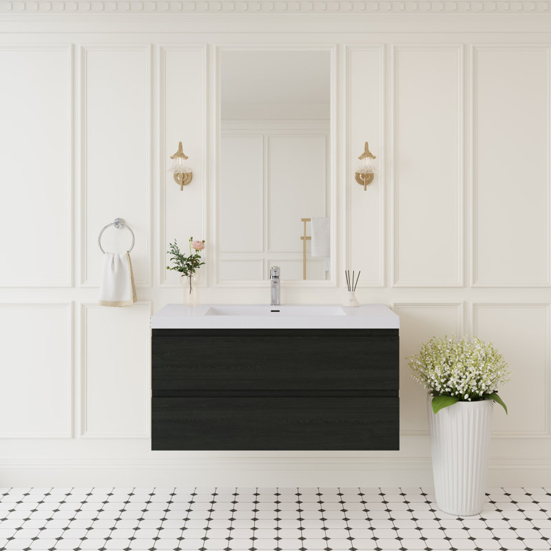 Meuble-lavabo flottant moderne avec lavabo à surface solide et armoire de rangement à fermeture en douceur Meven, Espresso