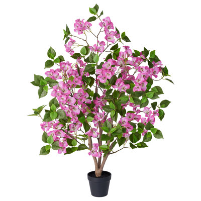 Adcock 36" Artificial Bougainvillea Tree with White Planter, Tall Faux Bougainvillea Trees with Red Flowers