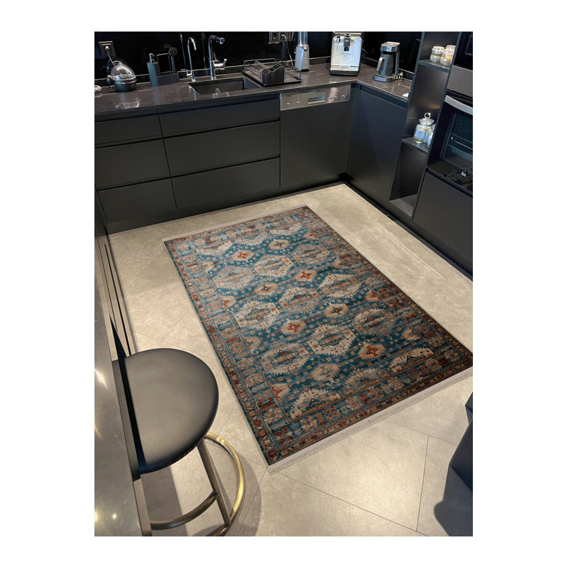 Tapis décoratif rétro bleu traditionnel lavable à la machine, Tapis de couloir 3 pi 3 po x 6 pi 7 po inclus