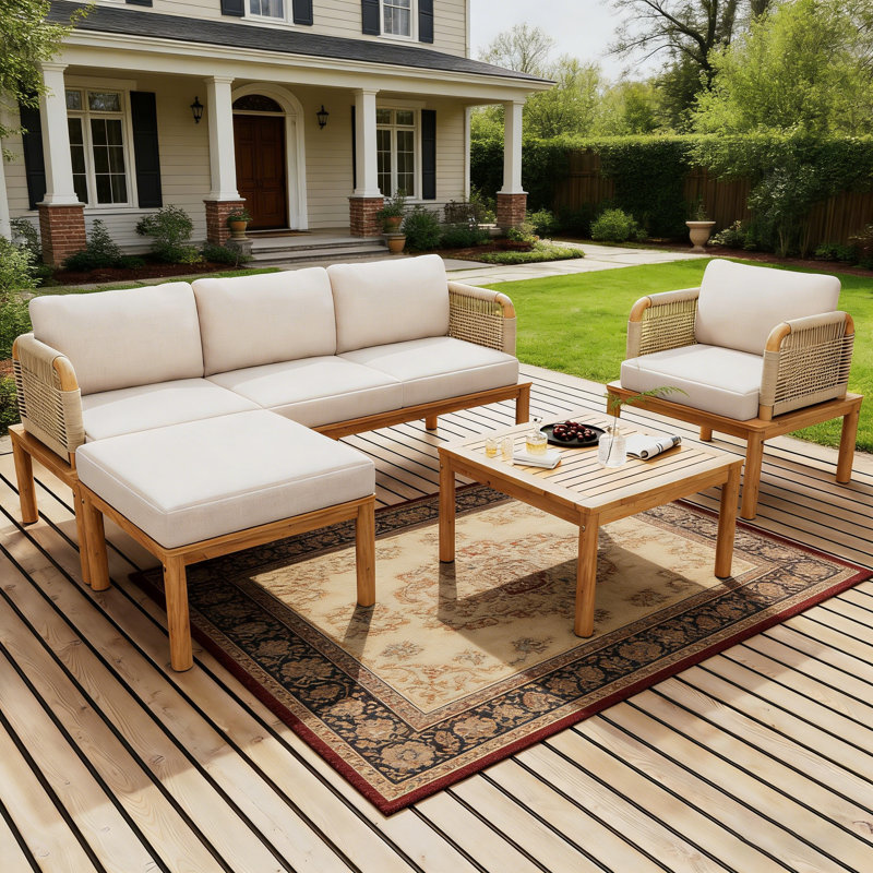 Abdel 5-Person Outdoor Acacia Wood Conversation Set With Cushions And Table