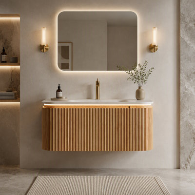 Meuble-lavabo et lavabo 36 po, commode rayée à bords arrondis avec tiroir, capteur de lumière, lavabo intégré en pierre frittée à motif de travertin, pré-assemblé, couleur grain de bois naturel