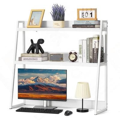 Desktop Bookshelf, 2-Tier Desktop Storage Organizer, 37.4" x 12.6" x 35.4" Office Desk Storage Rack Display Shelf, Desktop Bookshelf Hutch with Anti-Slip Feet Pads for Office, Home & Dorm, White