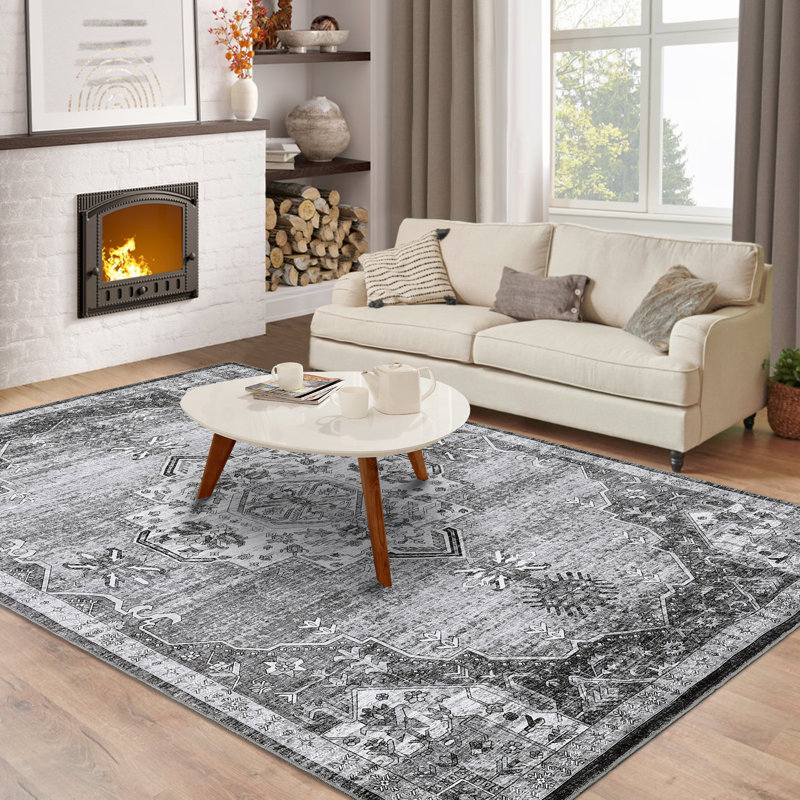 Machine Washable Rug Vintage Distressed Rug Non Slip Rug Retro Medallion Foldable Rugs for Bedroom Living Room Dining Room Nursery Playroom
