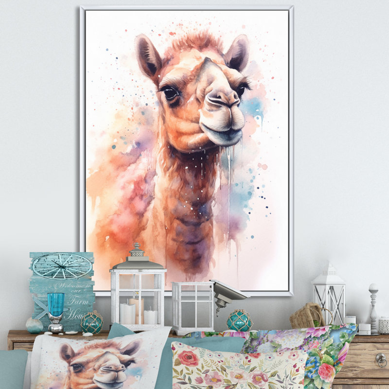 Camel désert Nomad VI - animaux, art mural, salon, H 44 po x l 34 po, Cadre flottant blanc