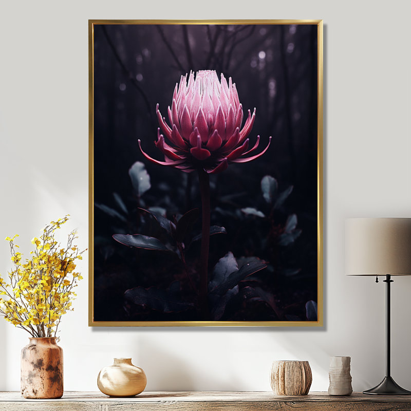 «Rose Protea Forest Flower - Autre plante et fleurs», art mural, Toile avec cadre flottant or, H 20 po x l 12 po x P 1 po