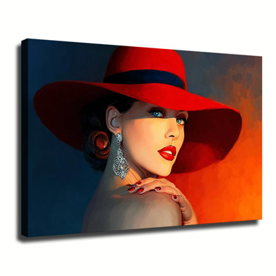 Femme portant un grand chapeau rouge, reproduction d'art sur toile tendue pour salon et chambre à coucher