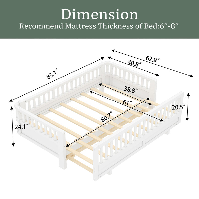 Lit plateforme avec garde-corps, base de lit en bois massif, Blanc, Simple très long