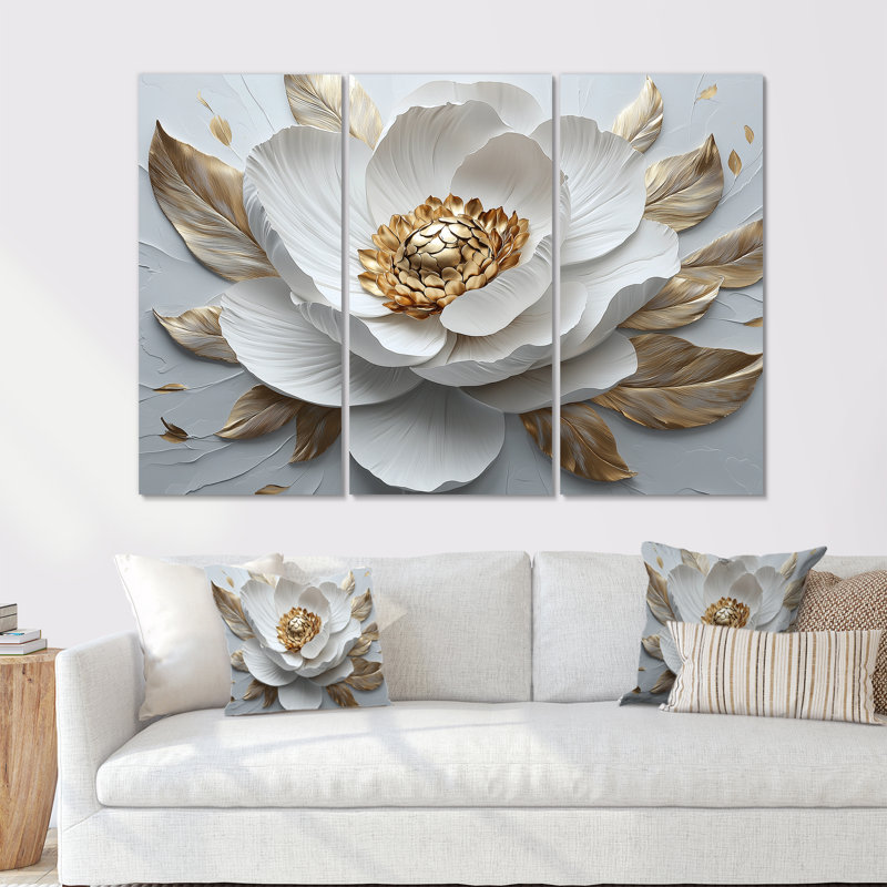 Pivoine blanche et dorée - ensemble d'art mural pivoine, Toile tendue, H 32 po x l 48 po x P 1 po