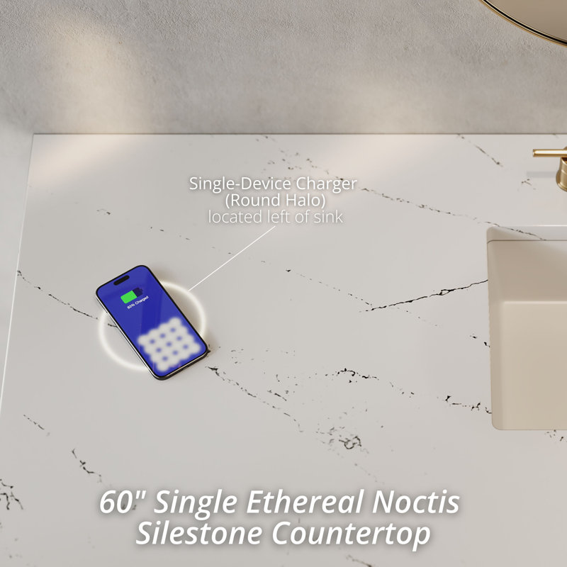 Chicago 60"W Single Vanity W/ Freepower Wireless Charger, Ethereal Noctis, Walnut Whisper